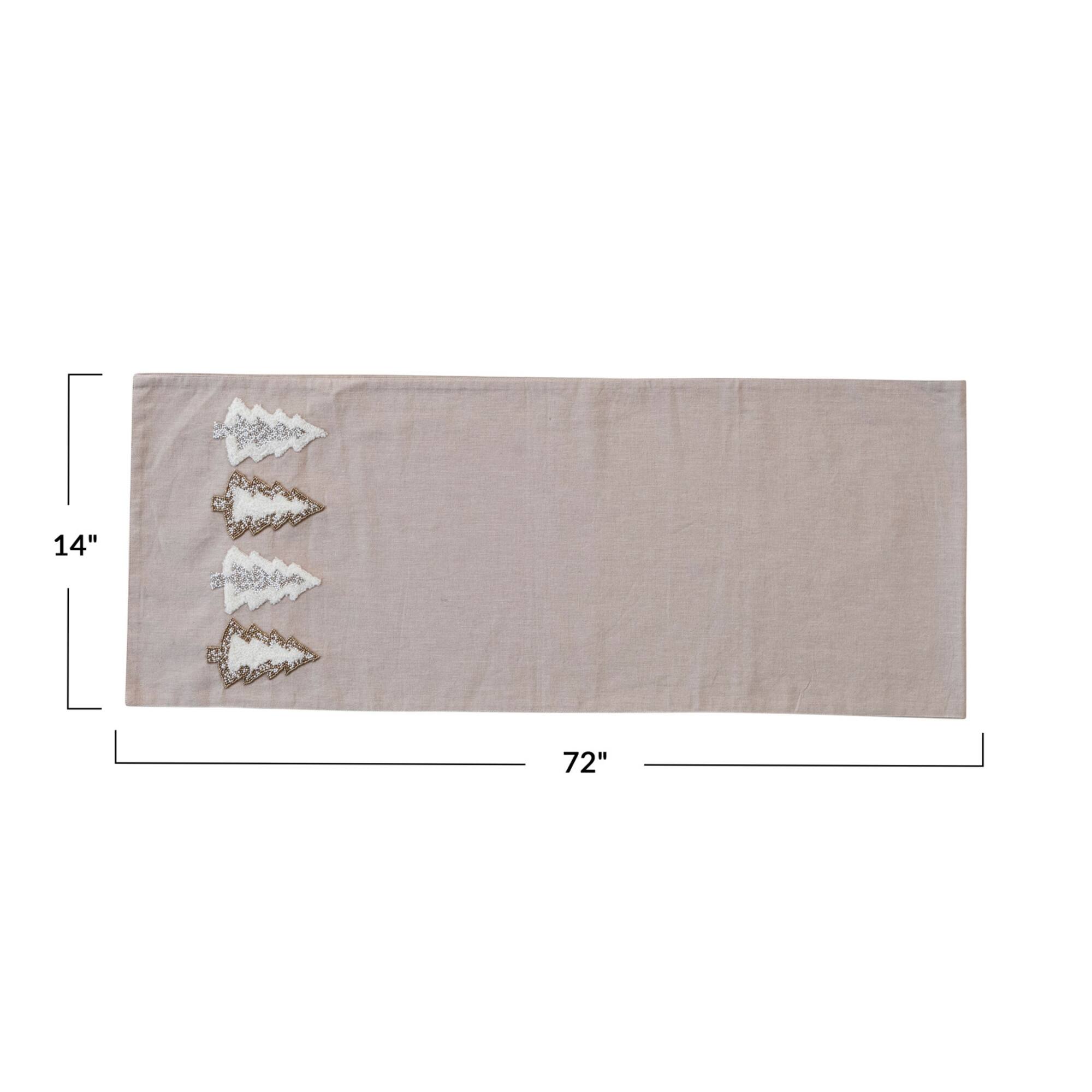 Hello Honey® 72" Natural Brown, Silver & Gold Cotton Chambray Table Runner with Embroidered Tufted Trees & Glass Beads